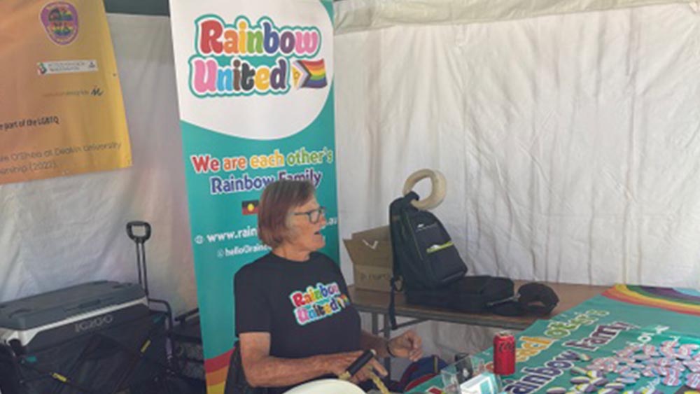 Sarah looking after the Rainbow United stall at Midsumma Carnival
